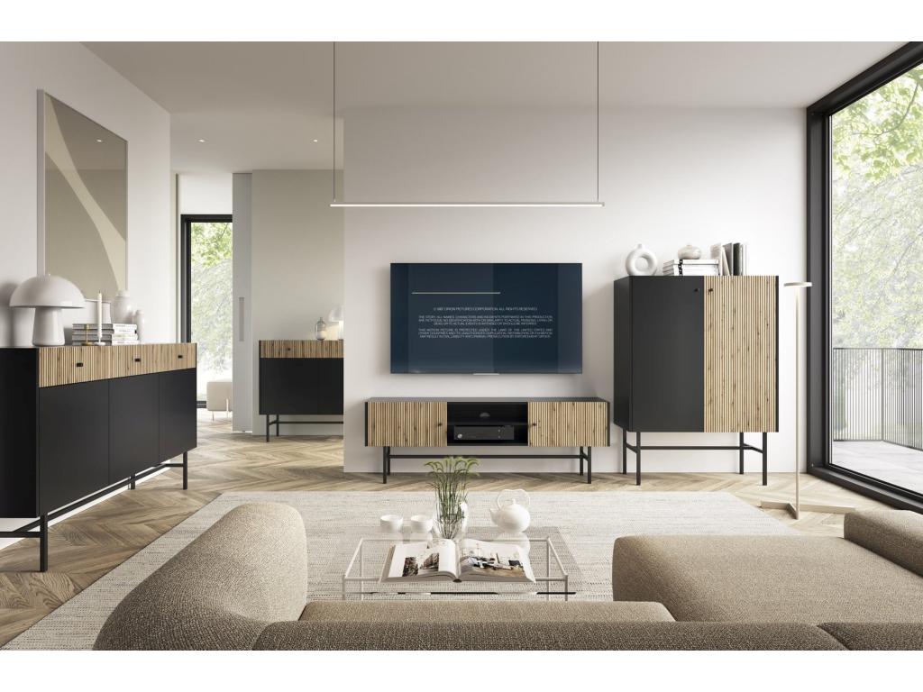 Credenza alta 2 porte - 93 cm - nero / aspetto chêne chiaro - Mobenze OMXZ28589