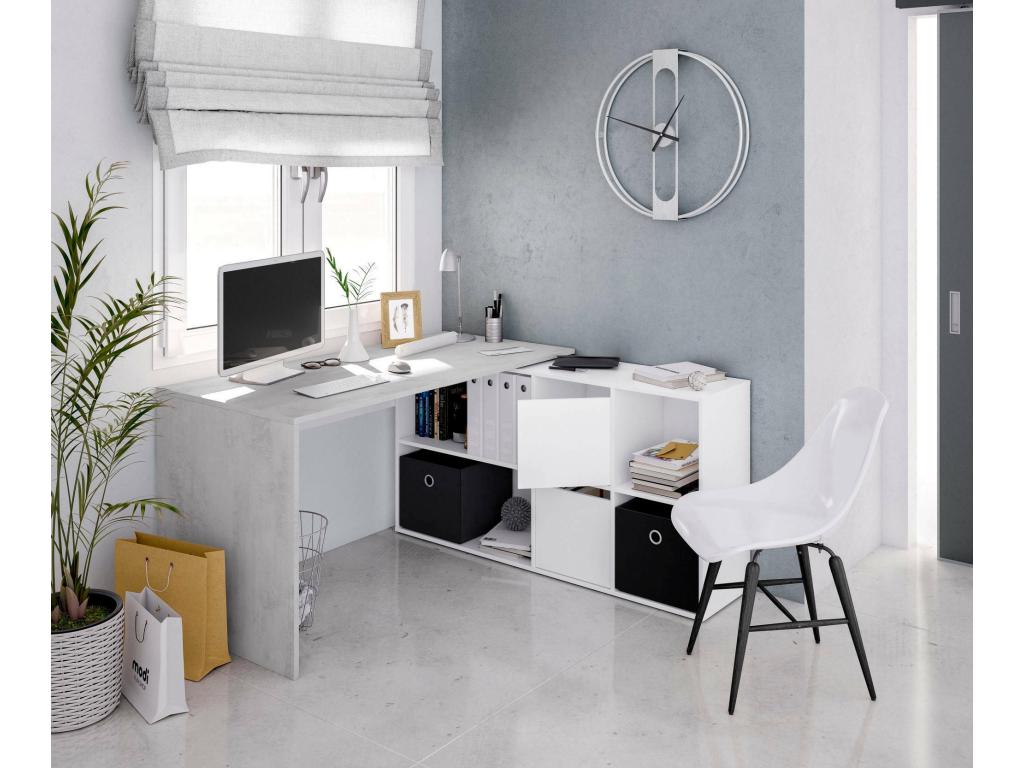 Bureau Mobenze Bureau multiposizione reversibile multifunzione Tavolo da studio o ufficio per PC con ripiano 136x139h74 cm Bianco e Cimento JOER84546