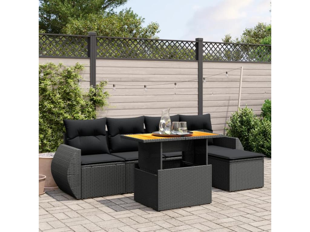 Set da giardino 6 pezzi con cuscini in resina intrecciata nera AYTR58674