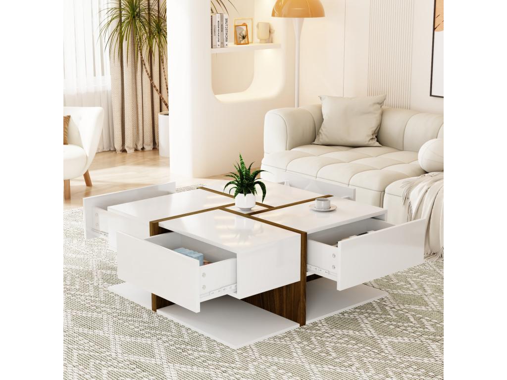 Tavolo basse carrée con 4 ripiani - 78x78x34,8 cm - Panneaux de particules - Bianco brillante EUEW43456