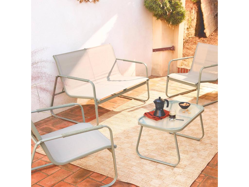 Set salotto da giardino kaki Luxameub alluminio- 4 posti- un divano- un tavolo- deux fauteuils Luxameub GMIR78733