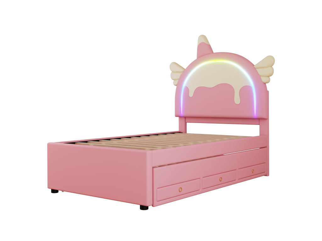 Lit gigogne 90x200cm 90x190cm lit d'enfant with 3 tiroirs sommier à Mobenze et Headboard forme licorne matière PU rose CTPI64935