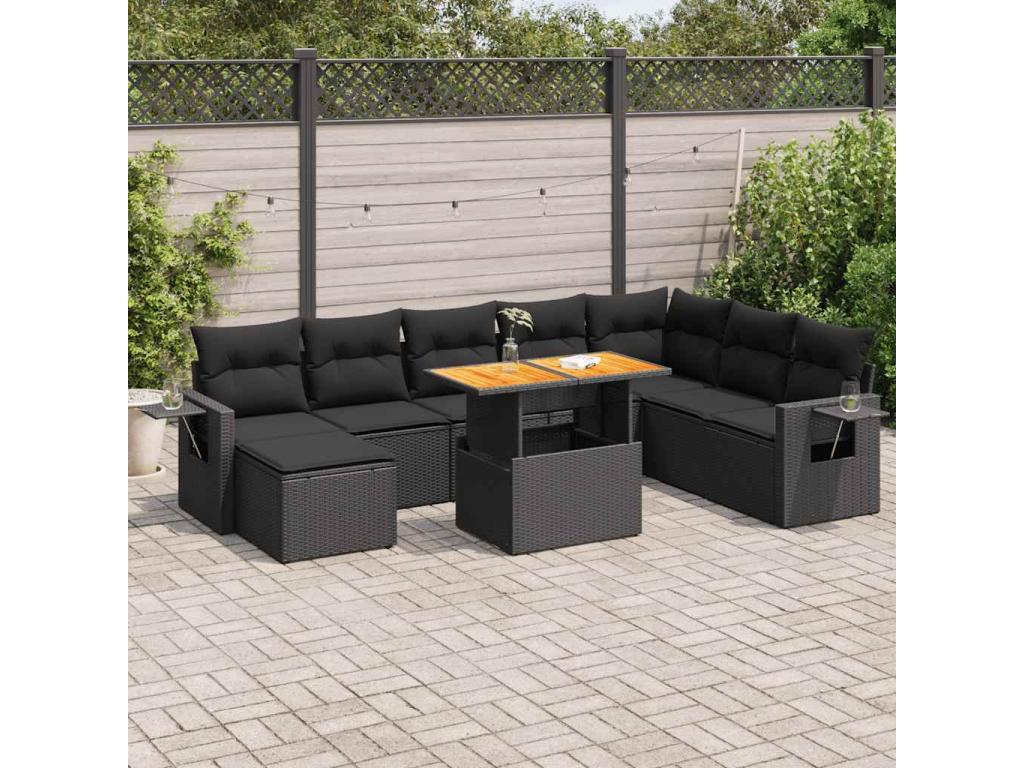 Set da giardino 9 pezzi con cuscini in resina intrecciata nera QVVI94744