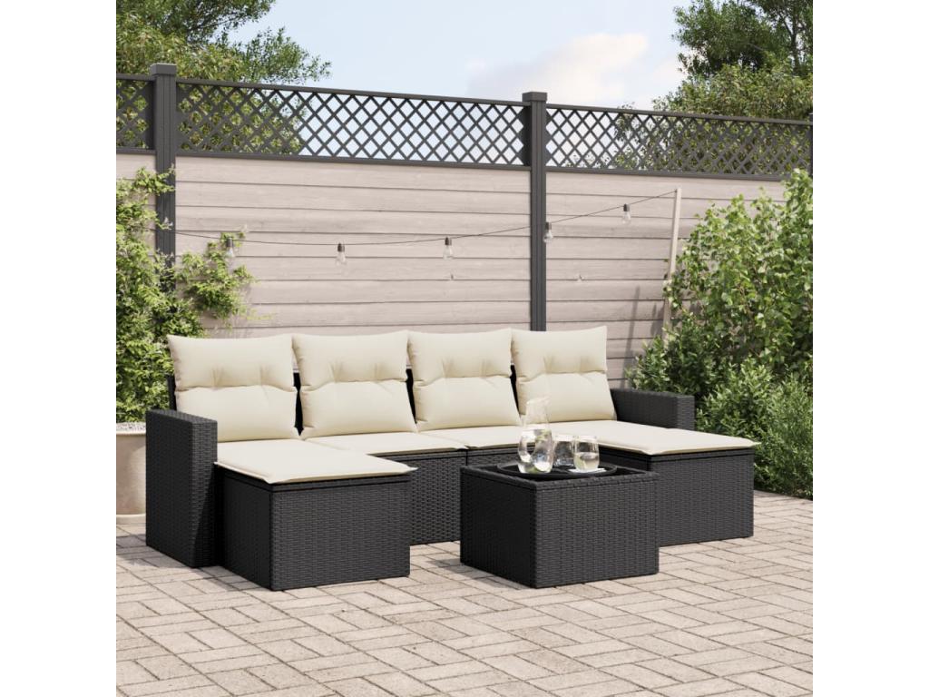 Set da giardino 7 pezzi con cuscini in resina intrecciata nera YKOR47799