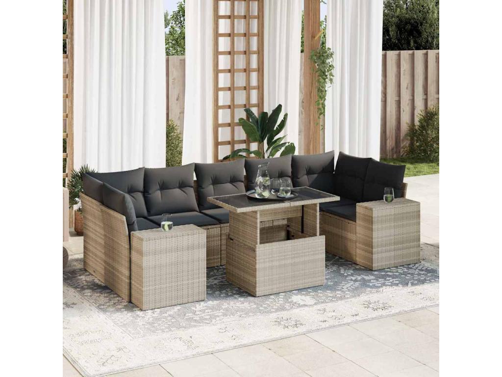 Set da giardino 8 pezzi con cuscini grigio chiaro in resina intrecciata EOMF59117