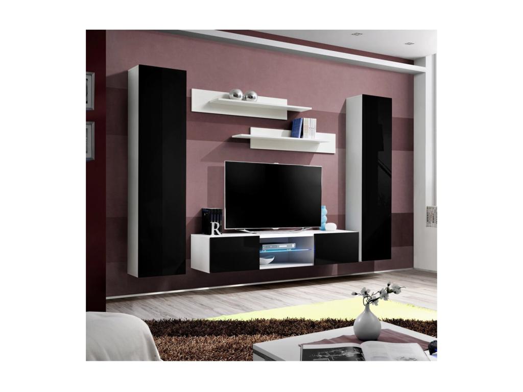 Porta TV Ensemble Mobenze O1 con LED- Coloris bianco et nero- Meuble suspendu design pour votre salon. OWAL51429