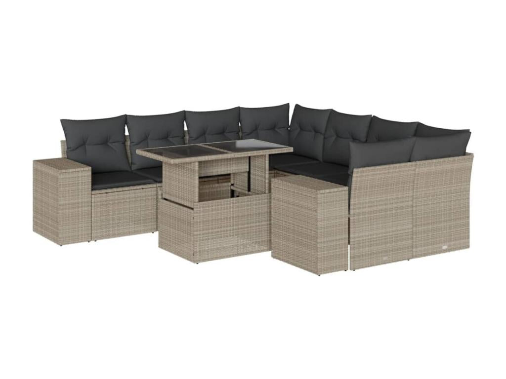 Set da giardino 9 pezzi con cuscini grigio chiaro in resina intrecciata WFDC13098