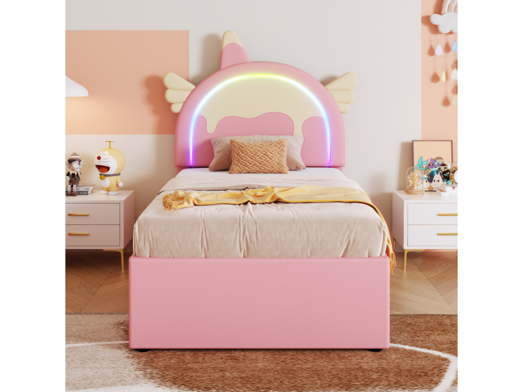 Lit gigogne 90x200cm 90x190cm lit d'enfant with 3 tiroirs sommier à Mobenze et Headboard forme licorne matière PU rose CTPI64935