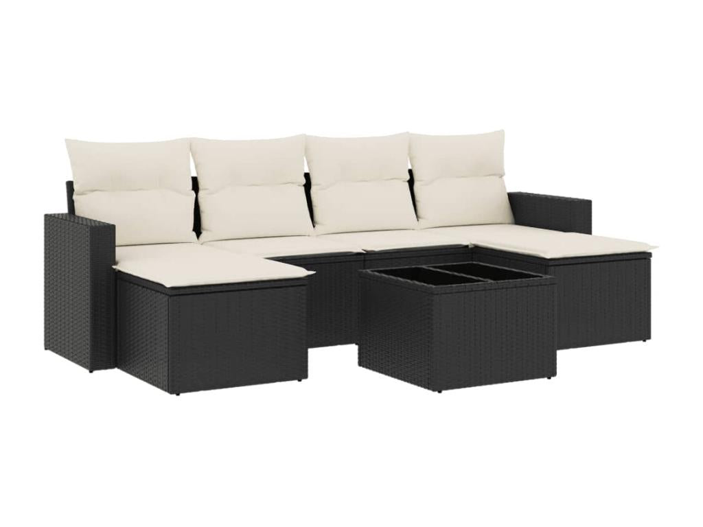 Set da giardino 7 pezzi con cuscini in resina intrecciata nera YKOR47799