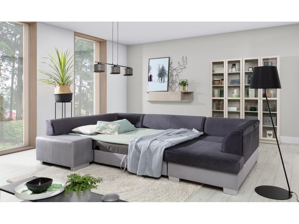 Divano convertibile panoramique simili cuir nero con coffre de rangement Luxameub 320cm-Coffre de rangement à droite JRVI47832