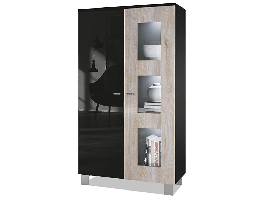 Vetrina sur pied con 2 porte e 3 vetri nero opaco/nero haute brillance/chêne nordique éclairage led incluso 71x129x35 cm SXNM86160