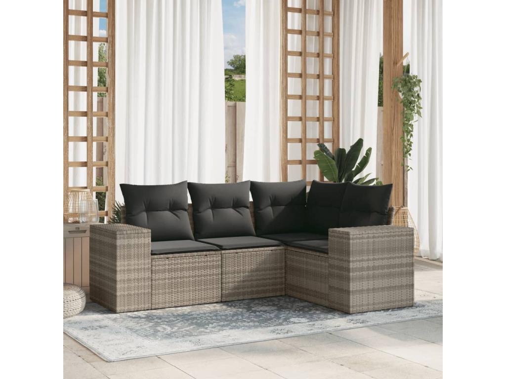Set da giardino 4 pezzi con cuscini grigio chiaro in resina intrecciata TBJH07198
