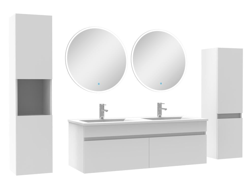 Mobile Salle de Bain Bianco 120 cm doppia vasca colonne specchio rotondo LED SDHZ43785