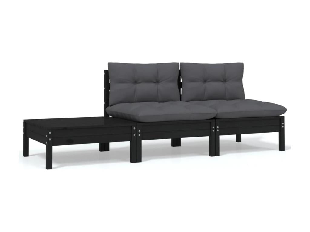 Set da giardino 3 pezzi con cuscini Nero Mobenze de pin massif QVTT06962