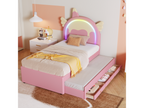 Lit gigogne 90x200cm 90x190cm lit d'enfant with 3 tiroirs sommier à Mobenze et Headboard forme licorne matière PU rose CTPI64935