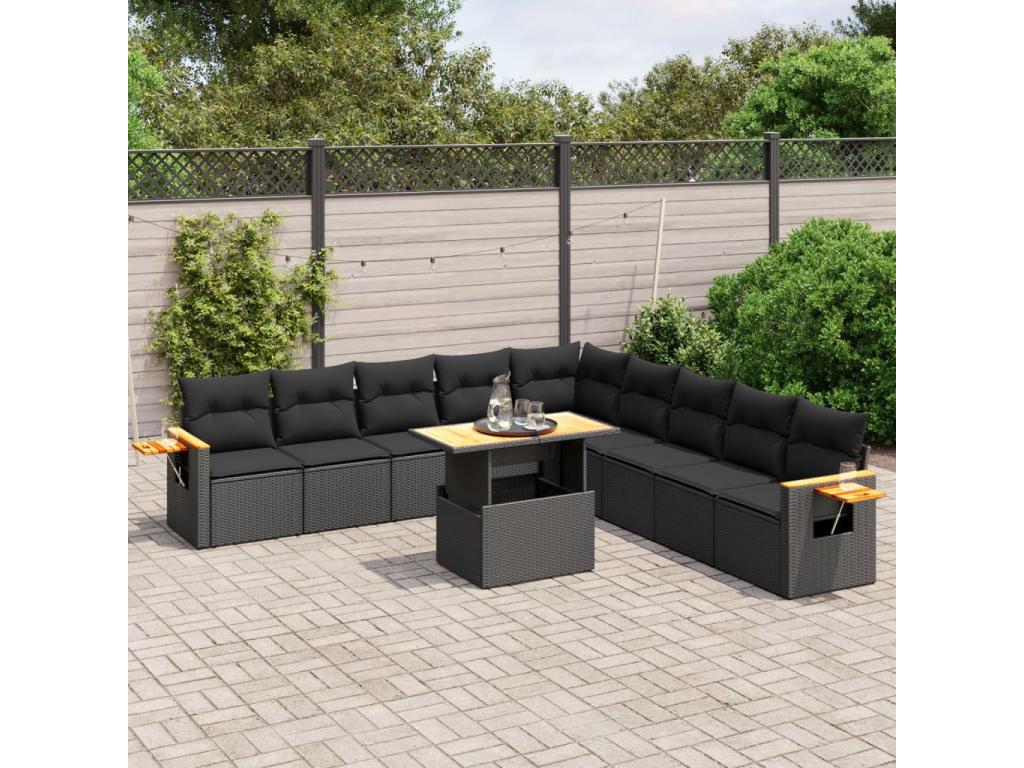 Set da giardino 11 pezzi con cuscini in resina intrecciata nera ZJJY48569