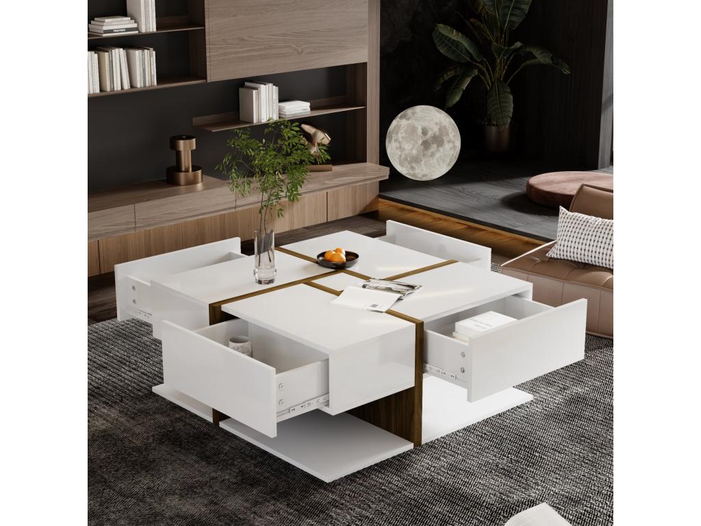 Tavolo basse carrée con 4 ripiani - 78x78x34,8 cm - Panneaux de particules - Bianco brillante EUEW43456