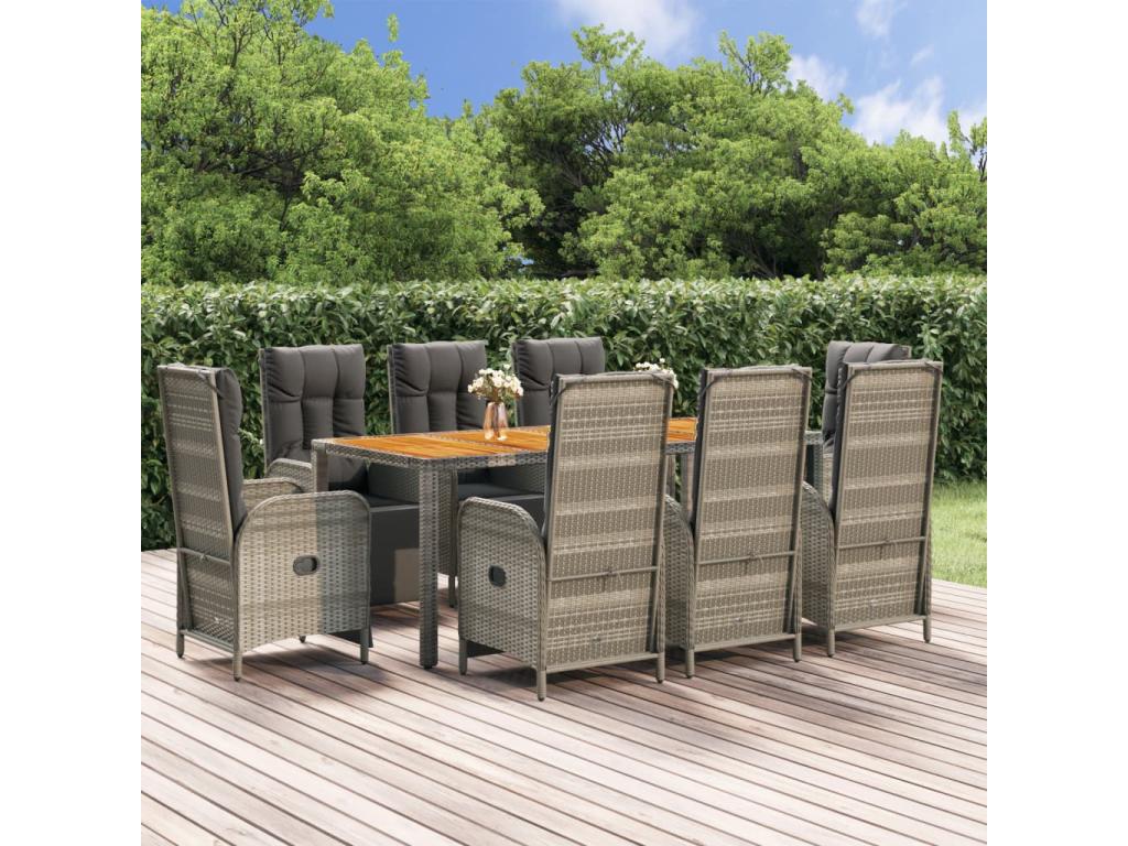Set da pranzo da giardino 9 pezzi cuscini in resina intrecciata grigia APKS59645
