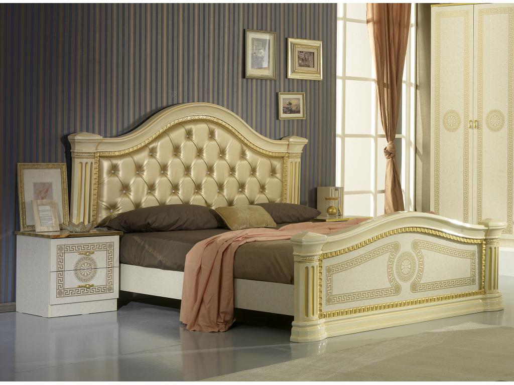 Testiera letto design illuminato laqué beige capitonnée simili cuir beige Mobenze 160x200 WFDE18828