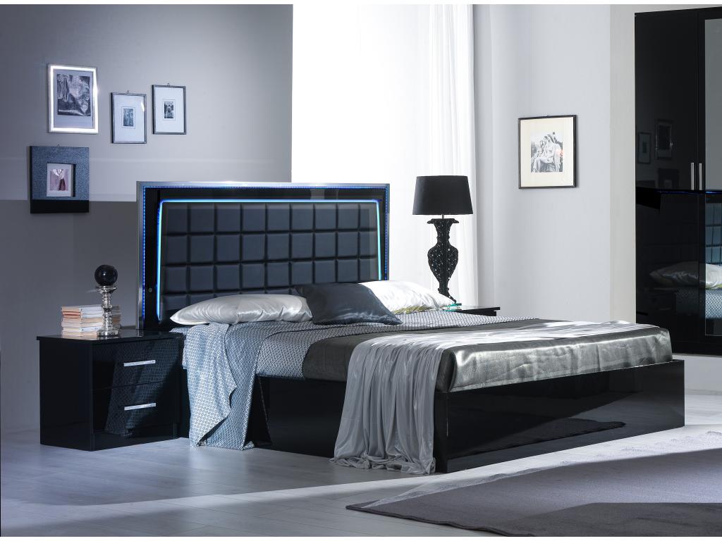 Design illuminato nero laqué e testiera capitonnée simili cuir nero con Led Luxameub-160x200 LYZZ92929