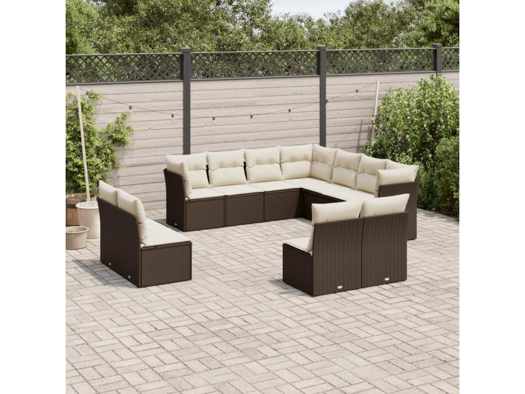Set da giardino con cuscini e 11 pezzi in resina intrecciata marrone OBYM81908