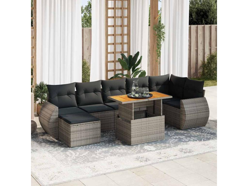 Set da giardino 8 pezzi con cuscini in resina intrecciata grigia RULF85966