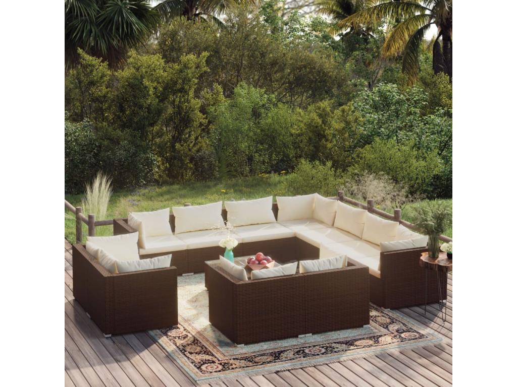 Set da giardino 12 pezzi con cuscini in resina intrecciata marrone VJXV39256