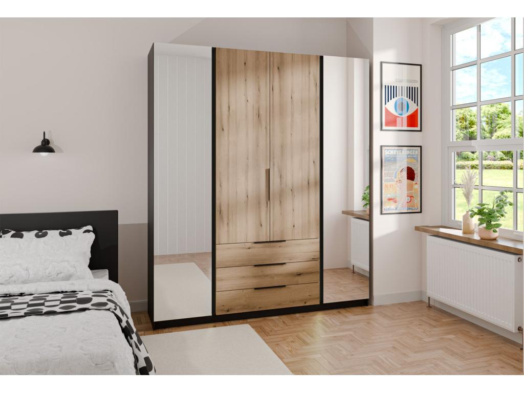 Armadio con 2 specchi e 3 cassetti - 200 cm - grigio Mobenze/nero - Mobenze PVCS00567