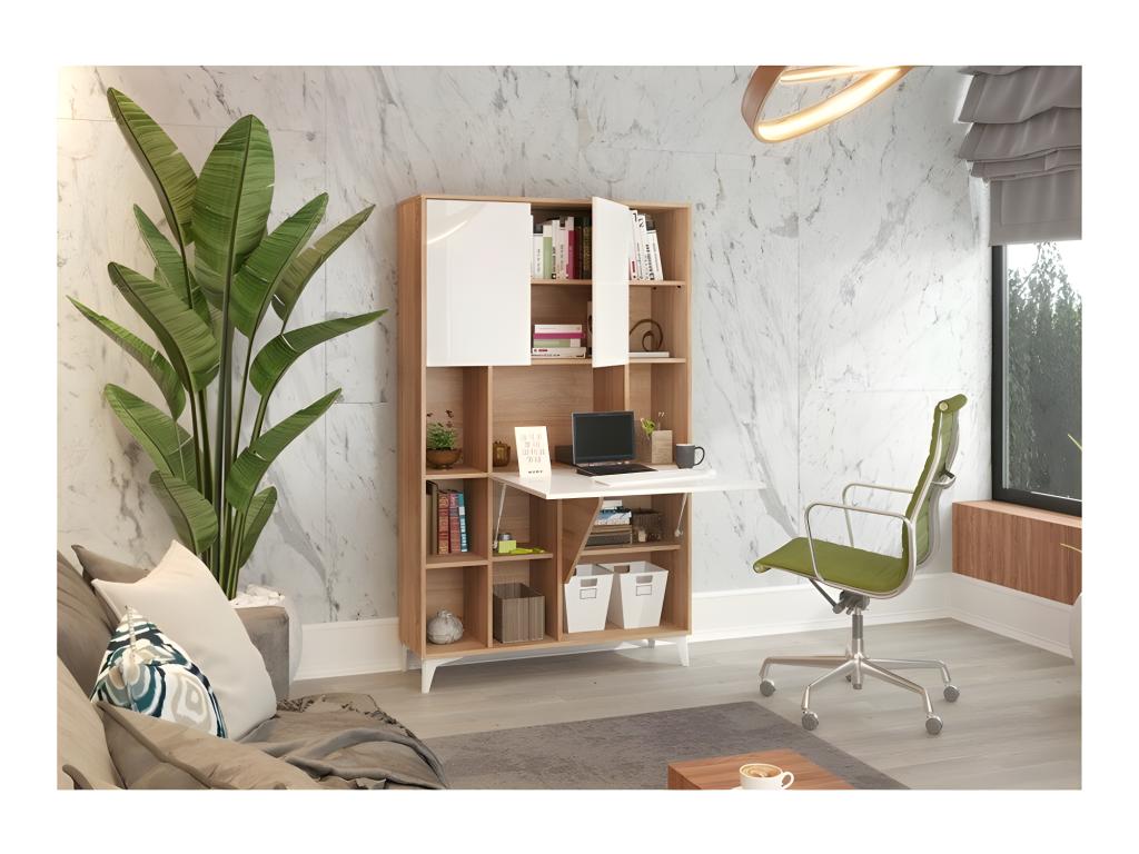 Armadio Placard trasformabile in scrivania e tavolo Home Luxameub 175x105x34cm « PINPAI 2-Bianco brillante frontale /Chêne Luxameub corpo » NMWT58429