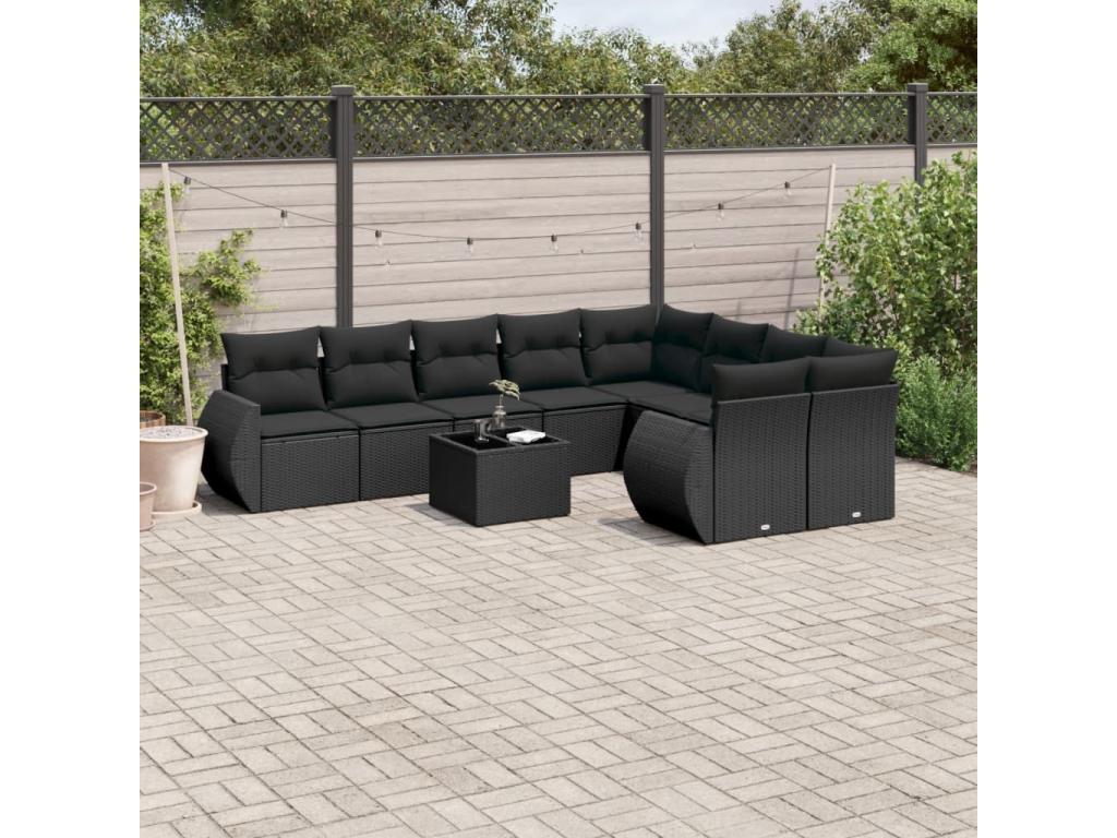 Set da giardino 10 pezzi con cuscini in resina intrecciata nera TUVF79507