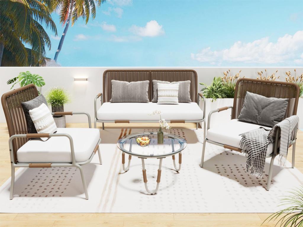 Set da giardino in poliestere - 4 posti - 1 tavolo, 2 sedie e 1 tavolo basso - Marrone RVTD99092