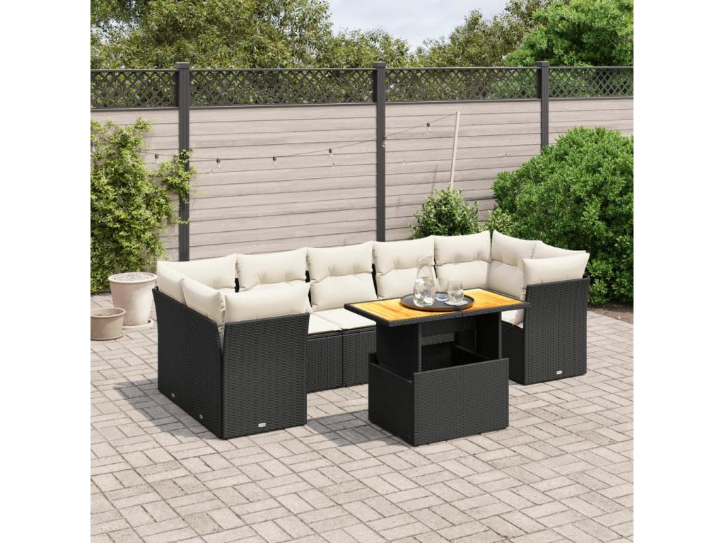 Set da giardino 8 pezzi con cuscini in resina intrecciata nera MJID21904