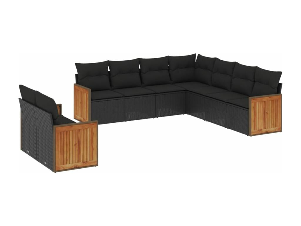 Set da giardino 9 pezzi con cuscini in resina intrecciata nera YRQG66732