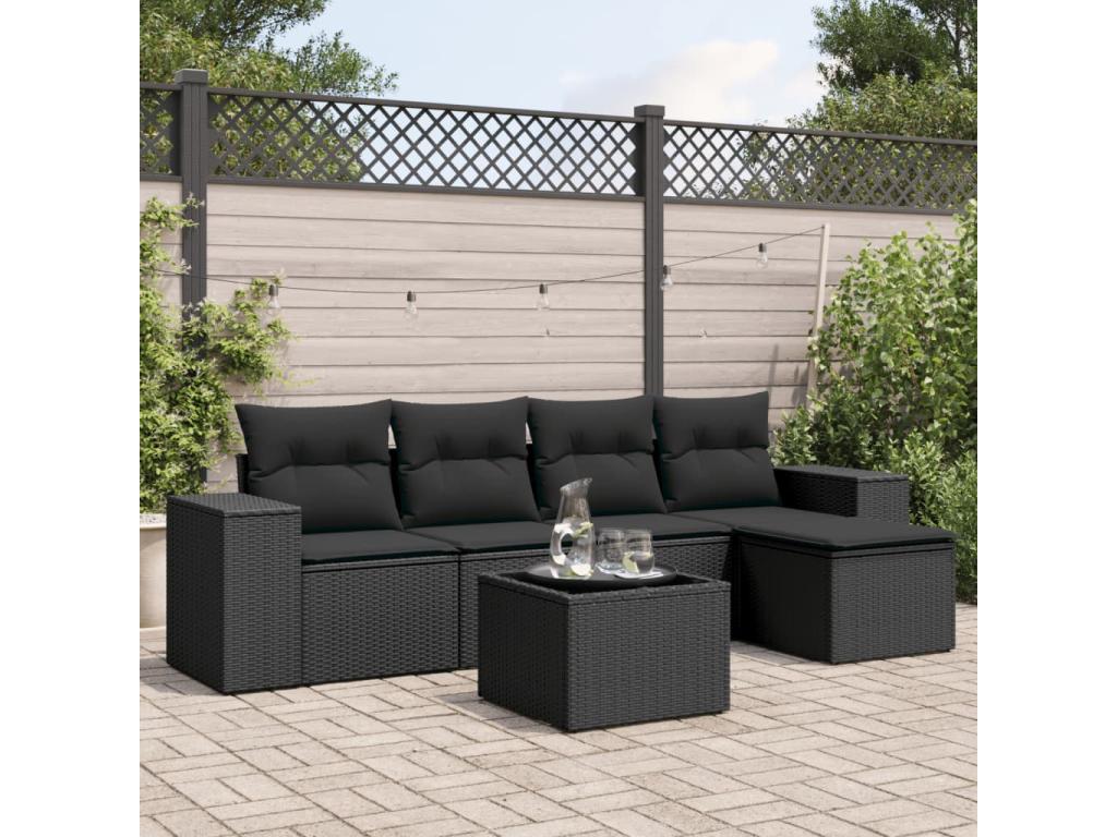 Set da giardino 6 pezzi con cuscini in resina intrecciata nera LTYS33959