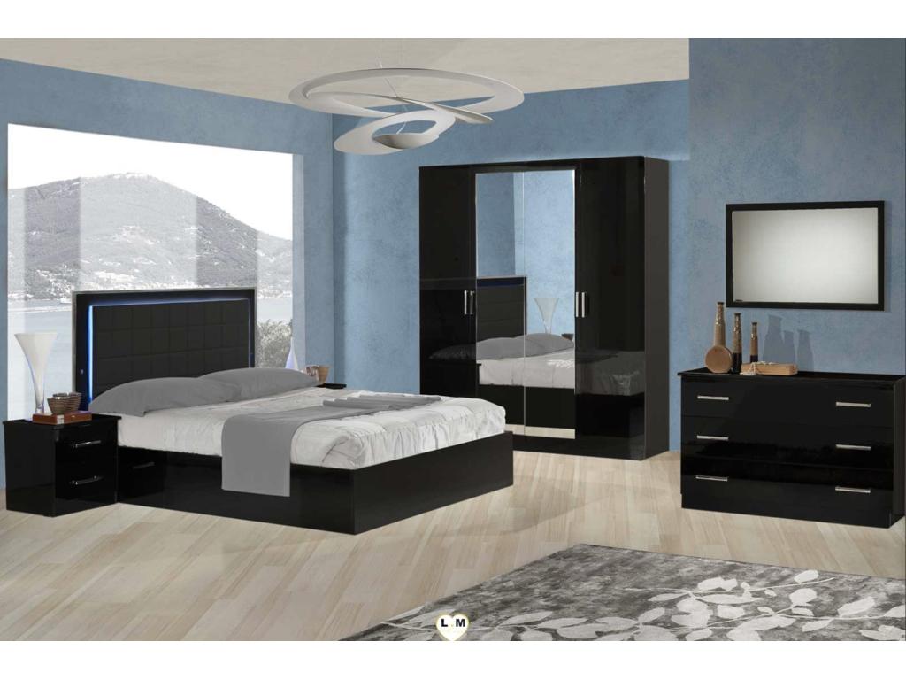 Design illuminato nero laqué e testiera capitonnée simili cuir nero con Led Luxameub-160x200 LYZZ92929