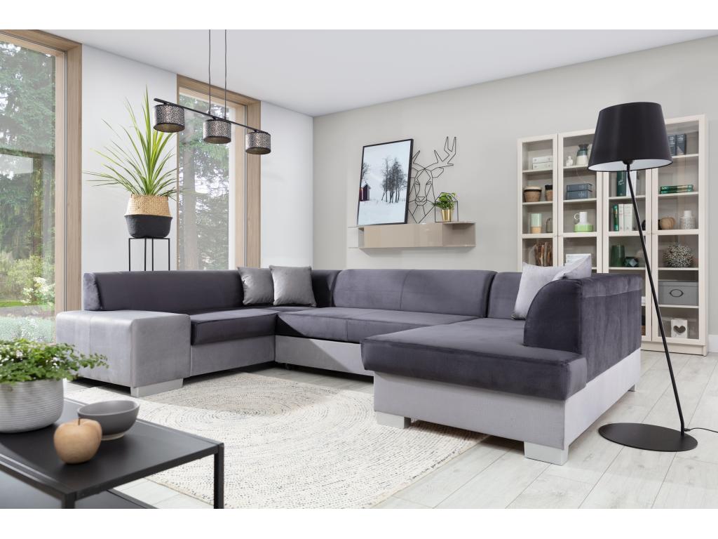 Divano convertibile panoramique simili cuir nero con coffre de rangement Luxameub 320cm-Coffre de rangement à droite JRVI47832