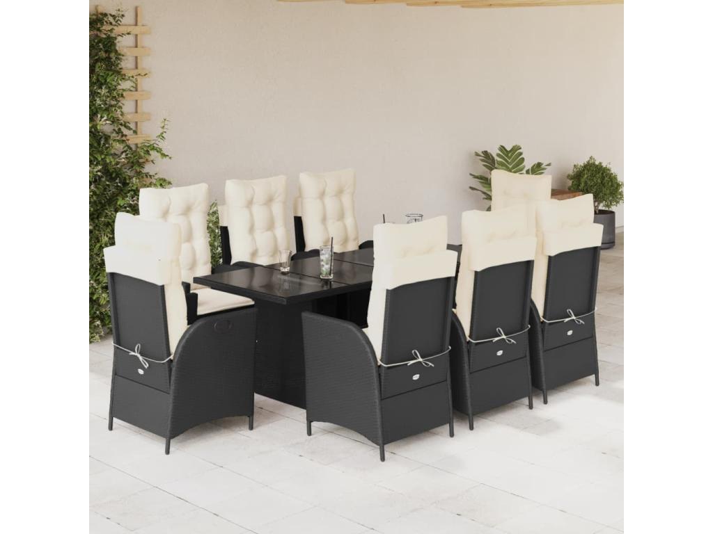 Set da pranzo da giardino 9 pezzi cuscini in resina intrecciata nera ZPVS41860