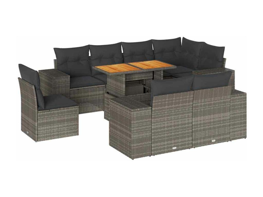 Set da giardino 9 pezzi con cuscini in resina intrecciata grigia AVRB16268